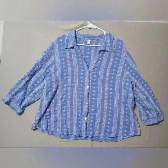 Cato Est 1946 Eyelet Blouse Button Down Blue Women's Sz 26/28 Coastal Grandma - Picture 1 of 8